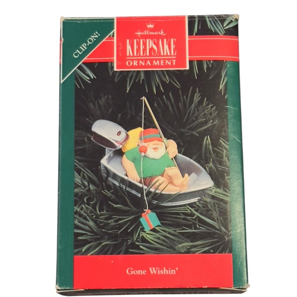 Hallmark 1992 Keepsake Ornament Santa Gone Wishin Fishing Boat Clip-On